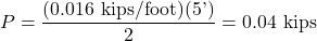 \[P = \frac{\displaystyle (0.016 \text{ kips/foot})(5\text{'})}{\displaystyle 2} = 0.04 \text{ kips}\]