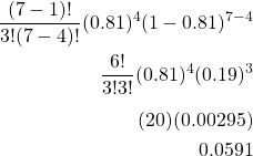 \begin{align*} \\ \frac{(7-1)!}{3!(7-4)!}(0.81)^4(1-0.81)^{7-4}\\ \frac{6!}{3!3!}(0.81)^4(0.19)^3\\[4pt] (20)(0.00295)\\ 0.0591 \end{align*}