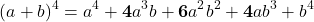 \[(a+b)^4 = a^4+\bold{4}a^3b+\bold{6}a^2b^2+\bold{4}ab^3+b^4\]